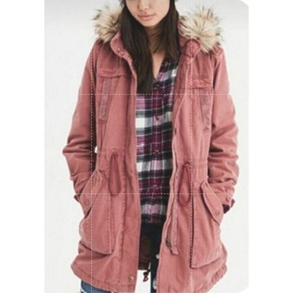 American Eagle Womens Dusty Rose Barn Chore Coat M Cotton Faux Fur Remove Trim - Picture 1 of 14